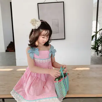 

7385 Sweet Bow Striped Lace Princess Baby Girl Dress New Summer Party Wedding Kid Dress For Girl Wholesale Children Clothes 7P