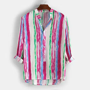 

2019 Newest Men Blouse Autumn Fashion Men Rainbow Stripe Long Sleeve Shirt Men Blouse Stand Collar Casual Blouse Men Shirts Tops