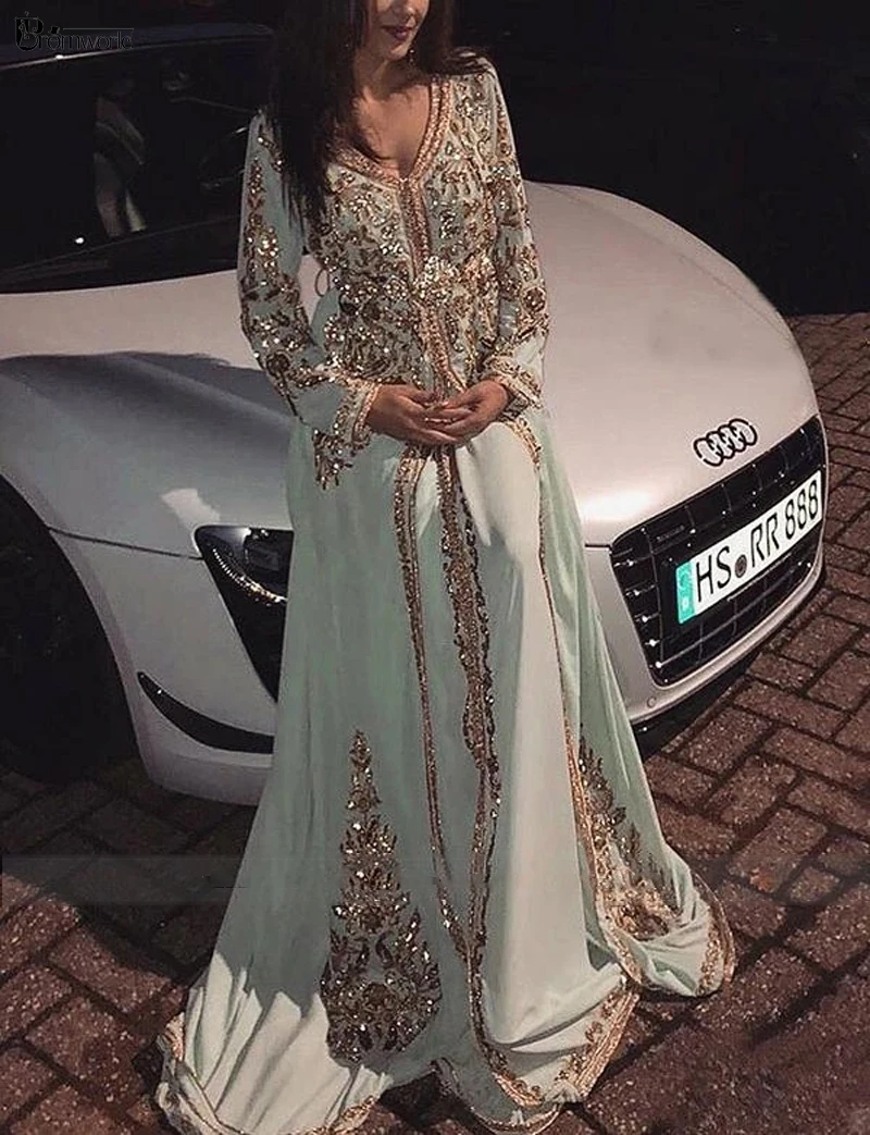 evening dresses with sleeves Elegant Chiffon Evening Dress Lace Appliques V Neck Long Sleeves A Line Arabic Dubai Dresses Party Gown Vestido de Noite black formal dresses