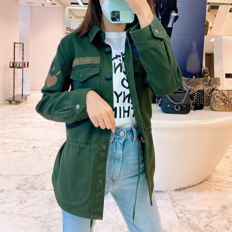 Женская фланелевая куртка с вышивкой черепа зеленая верхняя одежда карманами