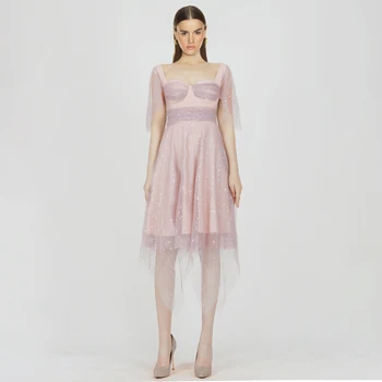 

2020 New Design Free Shipping Trendy Star Sequins Pink Mesh Draped Midi Dress Sweet Girl Cute Party Club Celebrity Evening Wear