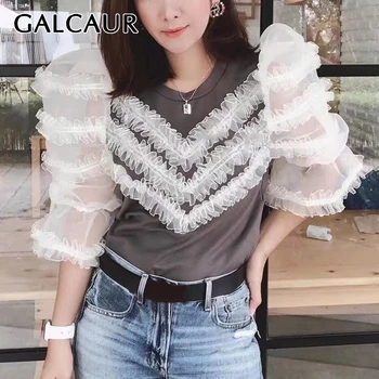 

GALCAUR Korean Patchwork Mesh Women's T-Shirt O Neck Flare Half Sleeve Oversize Loose Hit Color Ruffles Lace Shirt Female 2020