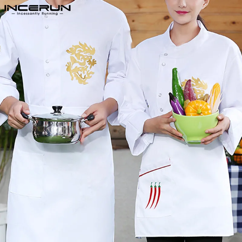 

Unisex Print Chef Uniform Kitchen Bakery Cafe Food Service Long Sleeve Shirt Breathable Hotel Wear Waiter Overalls S-5XL INCERUN