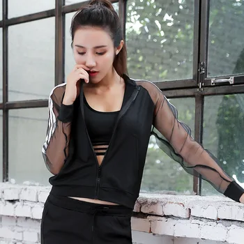 

Exercise zipper straight collar loose lady running suit leisure breathable mesh gauze sleeve large size