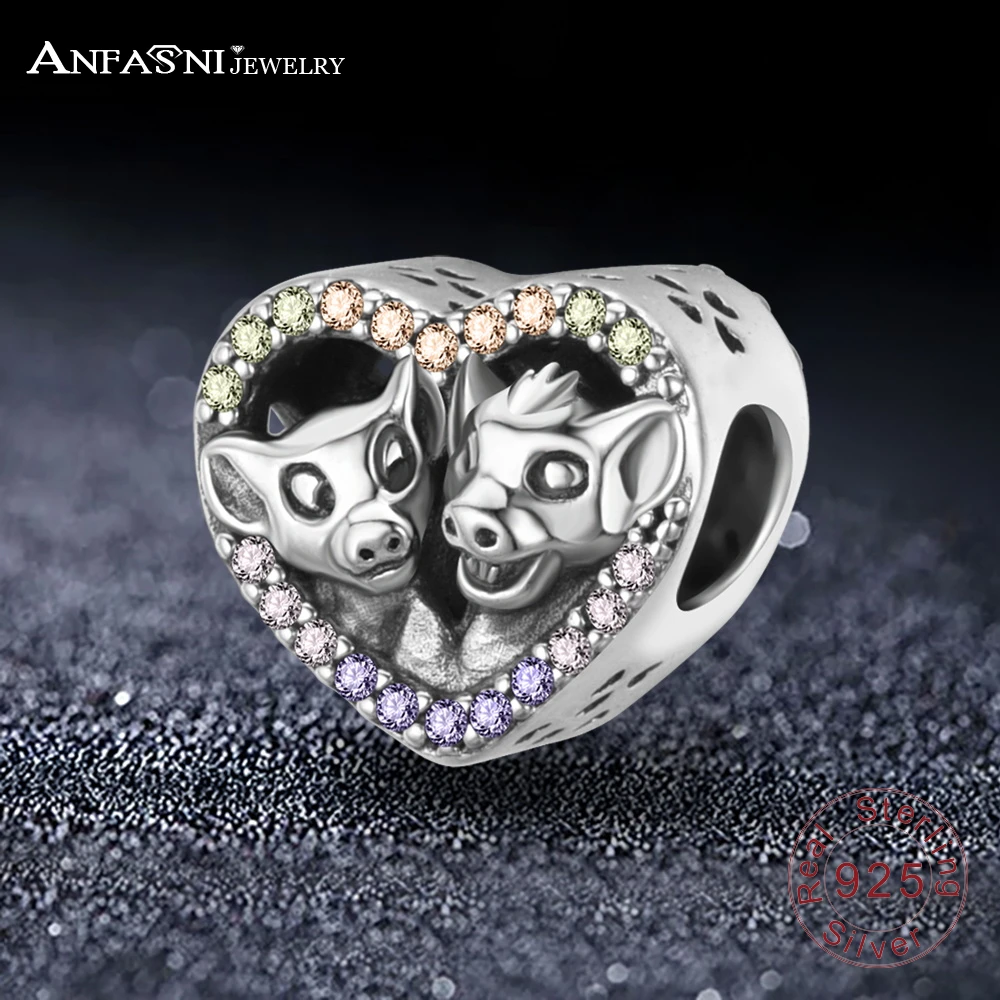 

ANFASNI Authentic 100% Sterling Silver Charm The Lion King, Sparkling Simba And Nala Heart Charms Fit Original Bracelet Jewelry