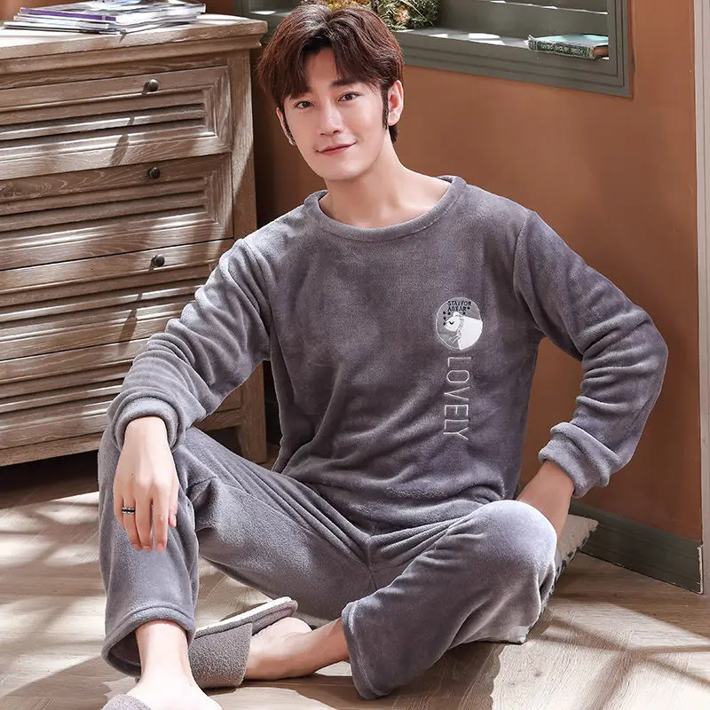 men pajamas winter Зимние мужские пижамные комплекты, толстая фланелевая теплая пижама с длинными рукавами и рисунком, коралловый флисовый Пижамный комплект для сна и отдыха, домашняя одежда - Цвет: men pajamas winter