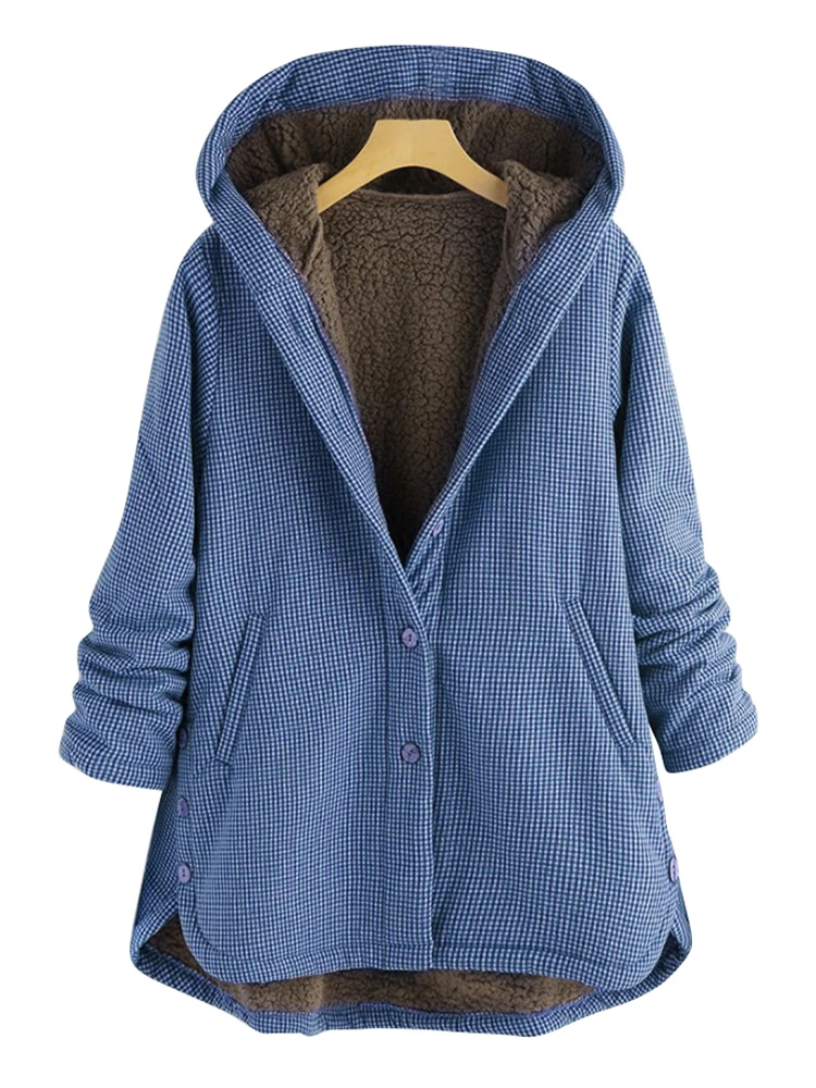 Wipalo Женская куртка с капюшоном в клетку, парка на кнопках с карманами, верхняя одежда, пальто, плюс сайз, большой размер, осень зима, короткий плащ - Цвет: Blue