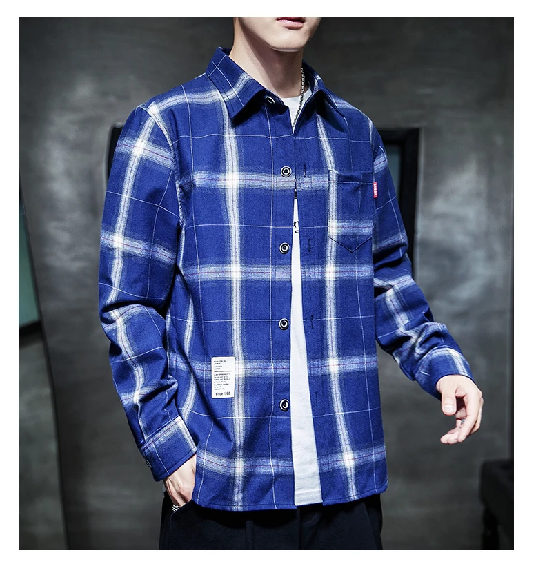 Новая Осенняя рубашка в Корейском стиле, мужская клетчатая Повседневная Свободная тонкая куртка в уличном стиле, в китайском стиле, черного цвета