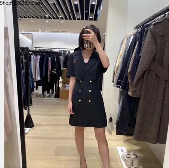 

French Elegant 2020 Summer Suit Collar Short Sleeve Double Row Buckle Waist Dress 20061