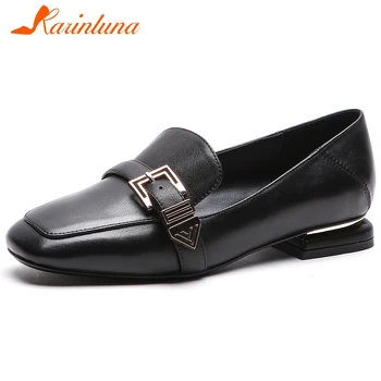 

KARINLUNA Brand Lady Slip On Spring Casual Office Flats Buckle Belt Square Toe Genuine Leather Flats Women Elegant Shoes Woman