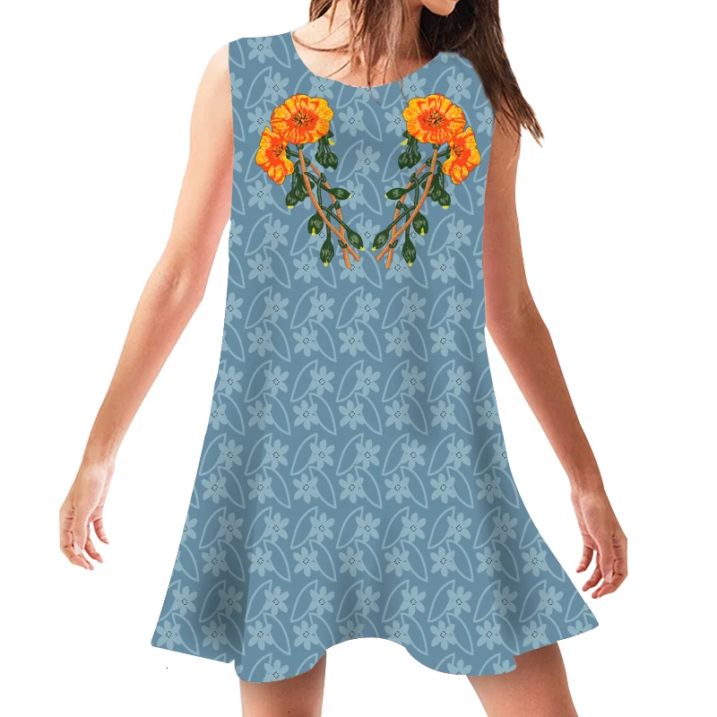 

Women Dresses Casual Floral Print Beach Wear Female Summer Dress Sleeveless Swing Sundress Loose O Neck Vestidos 2019