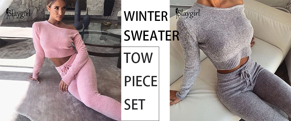 EvaQueen Sexy Knitted Sweater Two Piece Sets Women Autumn O-neck Crop Top And Long Pants Suit 2 Piece Set Female Casual Clothes