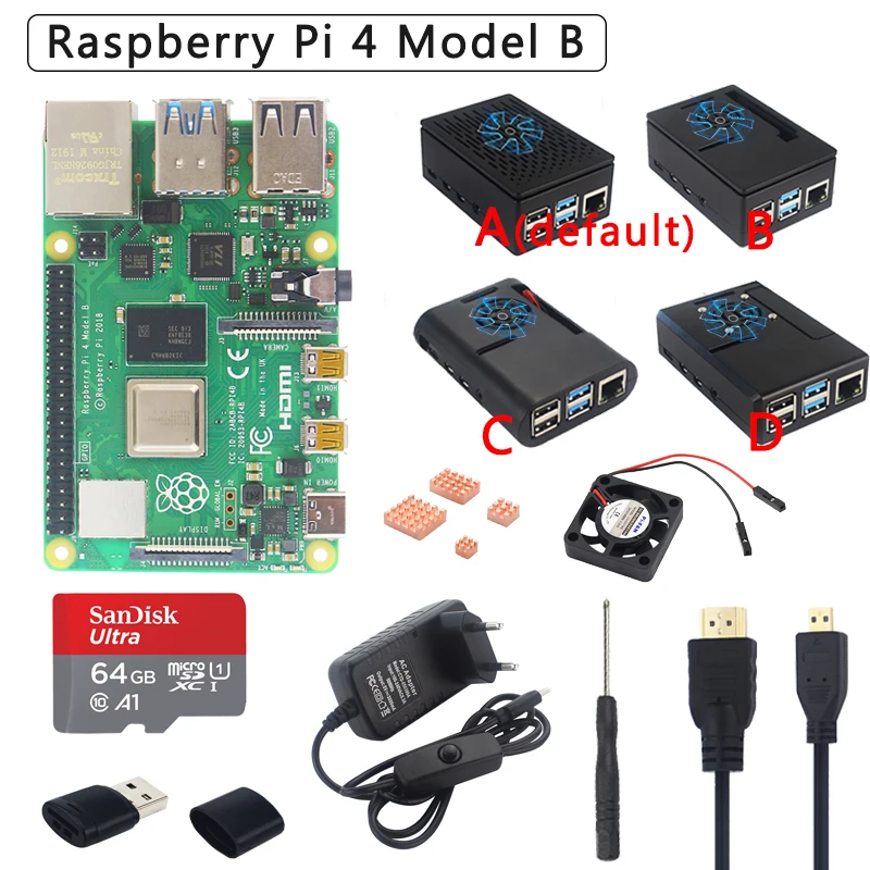 Online Original Raspberry Pi 4 Modell B Kit + ABS Fall + Netzteil + Lüfter + Kühlkörper + HDMI Optional 64 32GB SD Karte   Reader für Pi 4