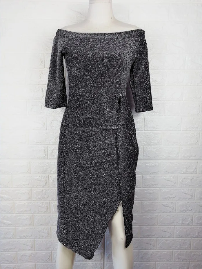 

Fashion Nice Summer Women Off Shoulder Casual Dress Solid Slash Neck Three Quarter Sleeve Midi Dress Split Slim Party Dress