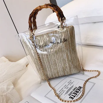 

New Europe Mass Leisure Bag Female Fashion Fresh Bamboo godonie bao Hand Bag Female Beach Bag Woven Bag