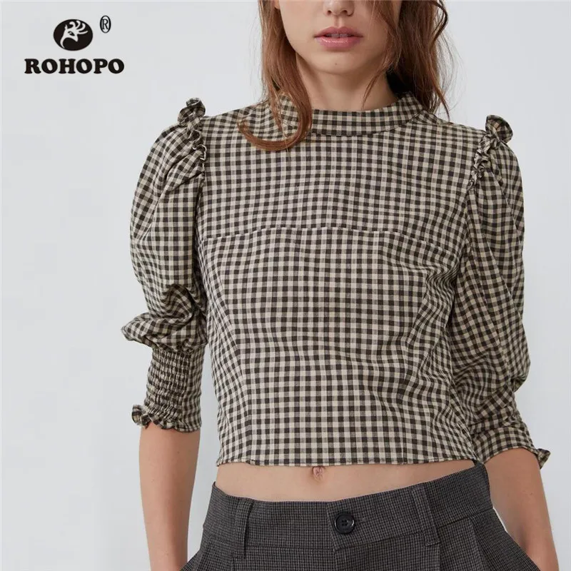 

ROHOPO Round Collar Plaid Crop Cotton Linen Blouse Overlocked Shoulder Smocking Cuff Back Buttons Fly Autumn Tops Blusa #9688
