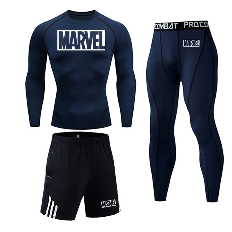 Мужская одежда для спортзала, компрессионный спортивный комплект, колготки Marvel, спортивный костюм для мужчин, зимний костюм для бега, термобелье, комплект из 3 предметов - Цвет: 3 pieces