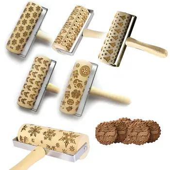 

Wooden Christmas Embossing Rolling Pin Engraved DIY Tools for Baking Cookie Kid FPing