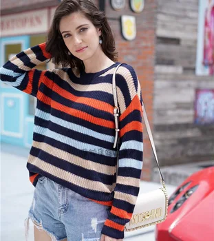 

Knitted Sweater Women Plus Size O-Neck Striped Patchwork Loose Long Sleeve Female Fashion New Office Lady Sweater Spring 2020