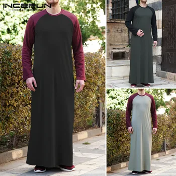 

Men islamic Arabic Kaftan Muslim Long T Shirt 2020 Long Sleeve Patchwork O Neck Casual Robes Middle East Men Jubba Thobe INCERUN