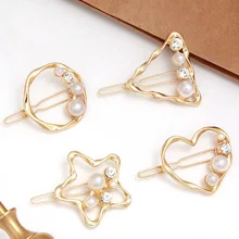 

Korean New Fashion Pearl Hollow Out Love Geometry Crystal Flower Hairpin Net Red Buckle Horsetail Clip Edge Clip Hot Selling