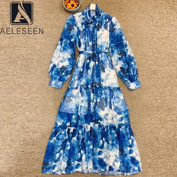 

AELESEEN Fashion Runway Autumn Momen Dress Long Sleeve Bule Red Maxi Dress Button Ruffles Bow Flower Print Long Party Dress