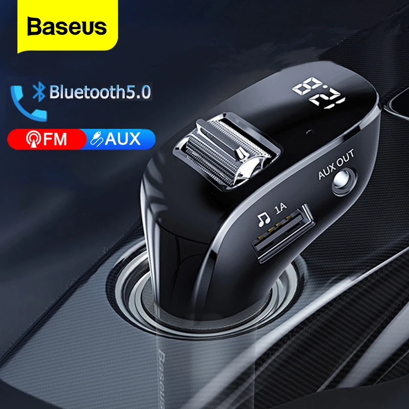 Baseus Car FM Transmitter Bluetooth 5.0 AUX Handsfree Wireless Car Kit Dual USB Car Charger