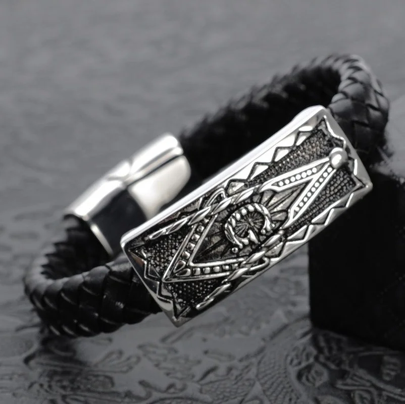 Classic Punk Gold Color Leather Bracelet Masonic Symbol Freemason Bracelet Jewelry bracelet jewelry