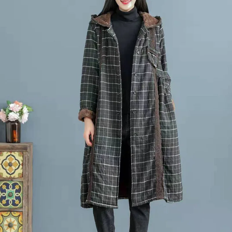 

Winter Brushed And Thick Coat Mid-length 2019-Loose-Fit Retro Plaid Hong Kong Style over-the-Knee Cotton-padded Clothes Coat