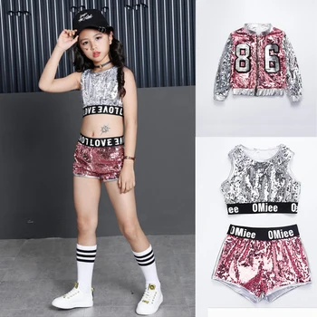 

Hip Hop Kids Girls Sequin Ballroom Dance Costumes Street Wear Vest Shorts Jacket Clothing Set Modern Jazz Dancing Performance