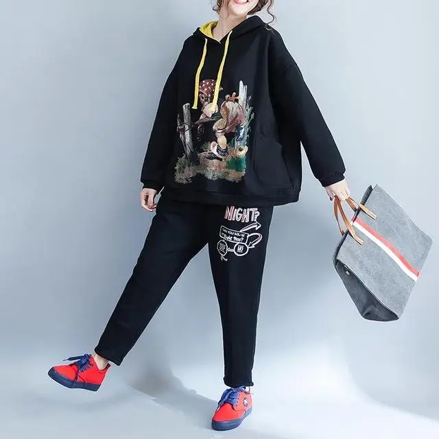 Black Hoodie Толстовки с капюшоном размера плюс Kawaii С мультяшным принтом, женские толстовки с капюшоном из толстого бархата Harajuku, толстовки с капюшоном более размера, худи - Цвет: Black Hoodie