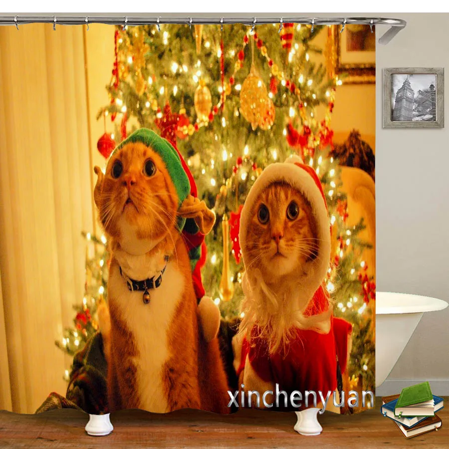 

New Creative Cute Christmas Cat Waterproof Bathroom Curtain 3d Printed Fabric with Hooks Decoration Shower Curtain M43