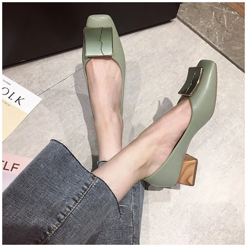 SUOJIALUN Luxury Women Spring Flat Shoes Square Toe Medium Heels Fashion Metal Boat Low Heels Shoes Women Dress Shoes