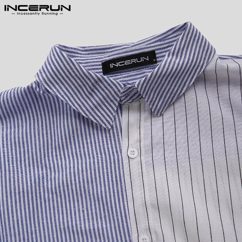 Модная полосатая Лоскутная рубашка мужская с отворотом воротник уличная Camisa кнопка вверх длинный рукав бизнес мужской бренд рубашки INCERUN
