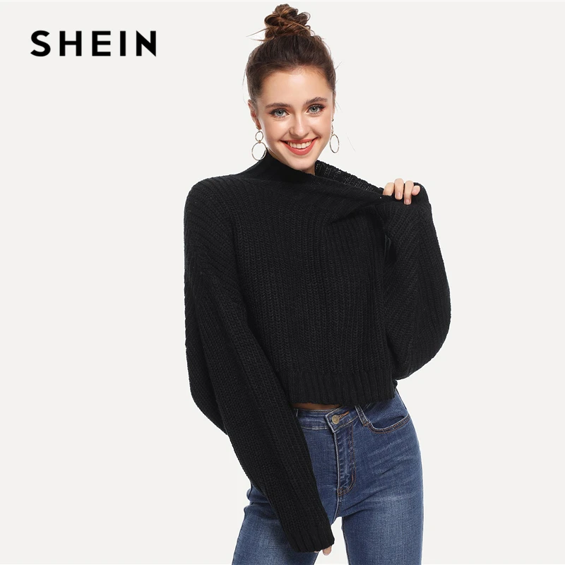 SHEIN черный однотонный короткий свитер с высоким воротом, осенний свитер для женщин, топы, зимняя уличная одежда с длинным рукавом, повседневный женксие кофты