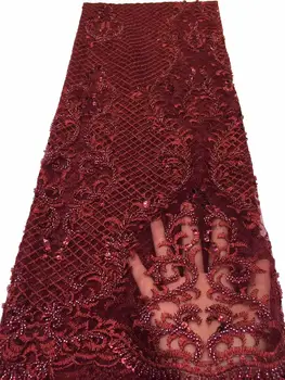 

Top end African french net lace fabric sequence pearls high quality luxury handmade beaded lace sequins tulle mesh wedding lace