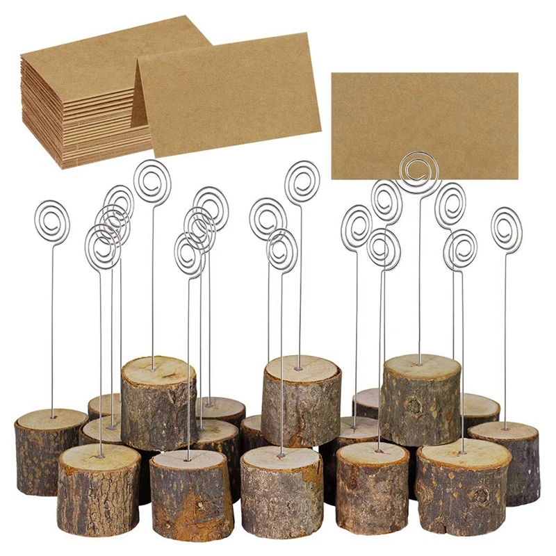 

20 Pieces Of Rustic Wood Card Holder with Swirl Line Wooden Barbell Piece Memo Clip Holder Card Photo Clip Folder Clip for Weddi