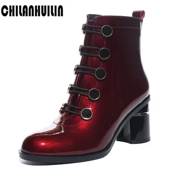 

classic fashion rivets ankle boots for women thick high heels short boots women fashion patent leather lace-up black shoes lady