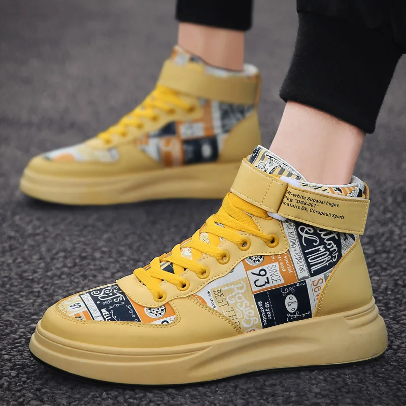 Fashion Personality Graffiti High Top Vulcanized Shoes Men All Match Fashion Sneakers Men Convenient Hook Loop Male Shoes