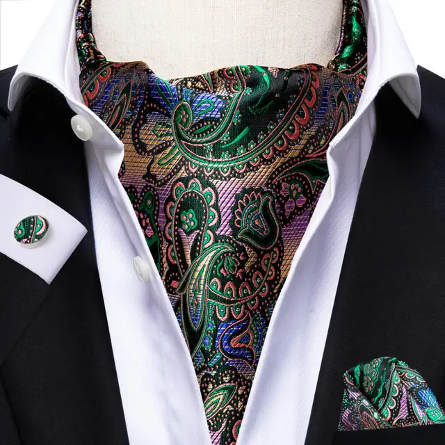 Hi-Tie Silk Men's Ascot Tie Pocket Square Cufflinks Set Cravat Ascots Scrunch Self British Style Gentleman Dress Scarves Party AS-1056