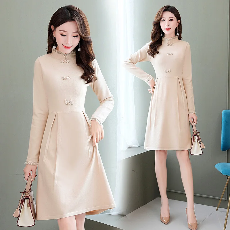 

Women's New Style Fall And Winter Clothes Chinese-style Retro Sweater Dress Large GIRL'S Mid-length over-the-Knee Sweater Dress