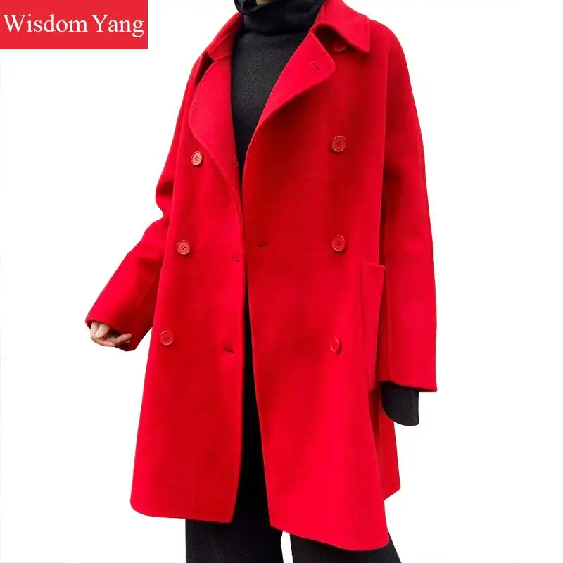 

Winter Coat Women Sheep Wool Fleece Oversized Loose Long Woolen Coat White Red Plus Size Clothes Outerwear Overcoat Korean Coats