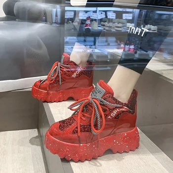 

2020 Women Platform Sneakers Luxury Designers Leather Chunky Shoes Spring Red Lace Up Casual Shoes Woman Thick Soled Trainers
