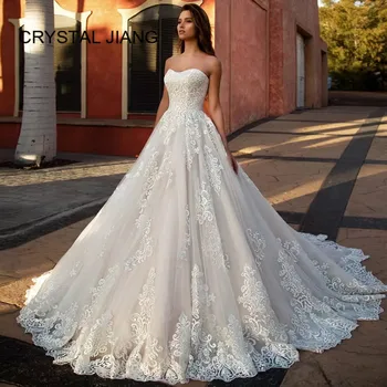 

New Fashion 2020 Sweetheart Ball Gown Wedding Dress Custom made Lace Applique Sweep Train Bridal Wedding Dresses