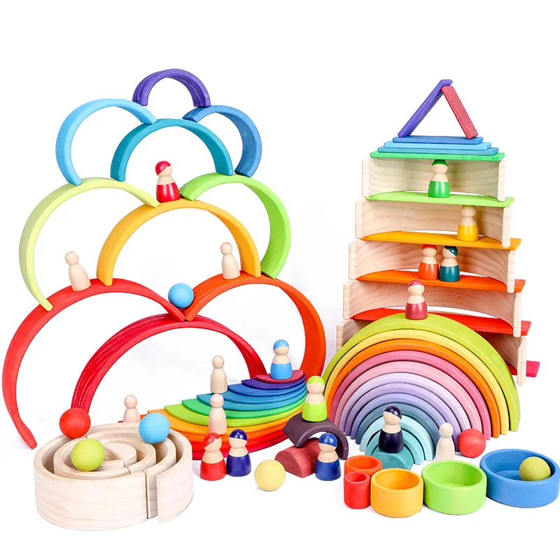Baby Toys Large size Rainbow Stacker Wooden Toys Kids Creative Rainbow Building Blocks Montessori Educational Toys 3