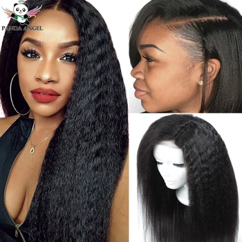

Kinky Straight Lace Closure Human Hair Wigs For Black Women Pre Plucked Remy 10-28Inch Brazilian 4-4 Lace Closure Wigs Panda