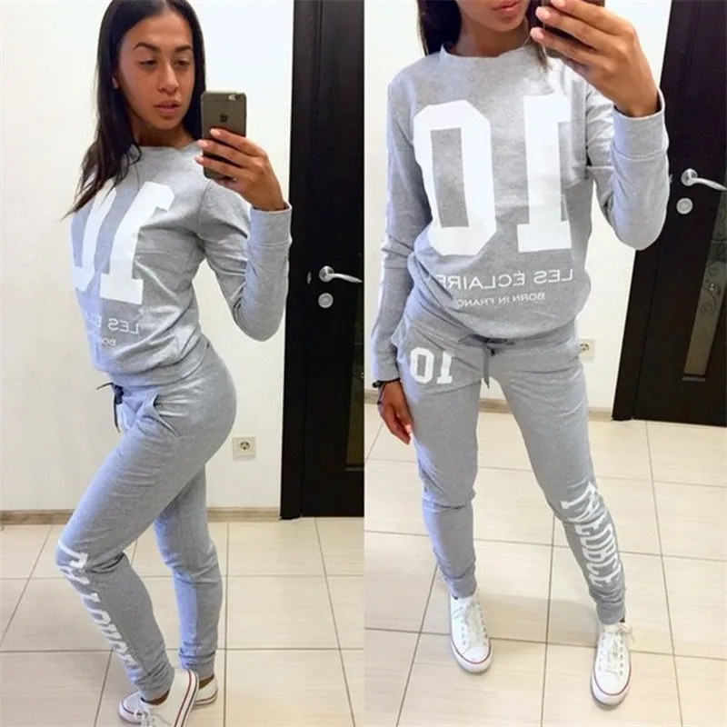 

Tracksuit 2019 Autumn Winter Women's Suit Letter Printed 0-Neck Sweatshirt + Patchwork Long Pant 2 Piece Set women jogger set