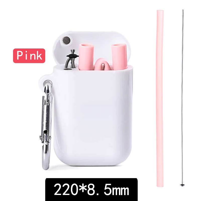 220x8.5mm pink Складные соломинки для питья, вечерние, офисные, туристические, с щеткой для чистки, чехол, многоразовые силиконовые соломинки, портативные барные аксессуары - Цвет: 220x8.5mm pink