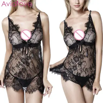 

Women Sexy Lingerie Set Spaghetti Straps Floral Lace See Through Babydoll Chemises Female Erotic Nightdress Temptation Nighties
