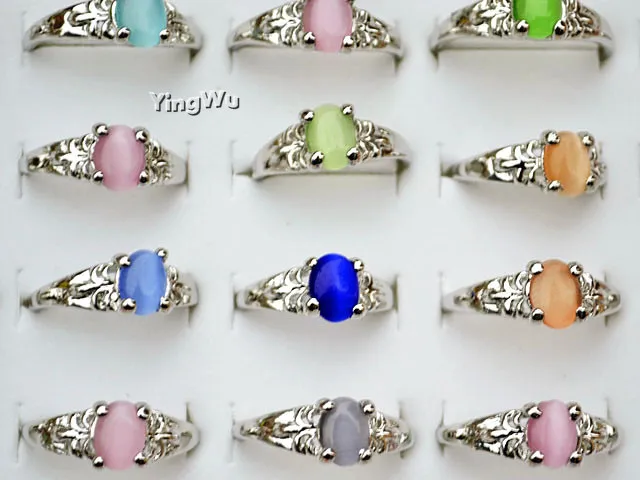 Yingwu, 100 шт, модный, серебряный, металлический, опт, много разных цветов, кошачий глаз, опал, кольца, ювелирные изделия для женщин и девушек, кольца на палец